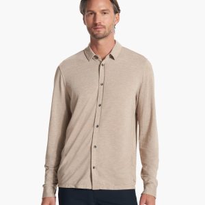 Long Sleeve Knit Twill Button Down | Camel Heather