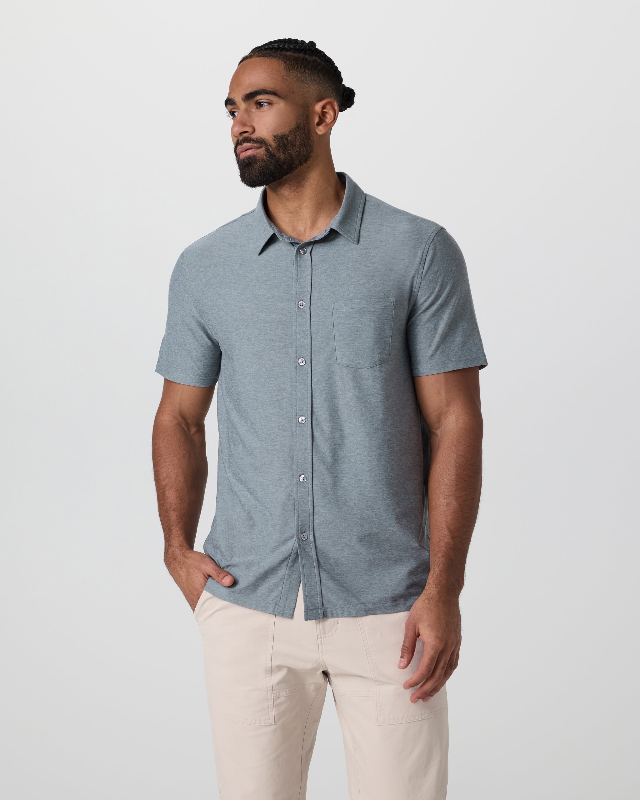 Short Sleeve Strato Button Down | Dusty Blue Heather - Image 5