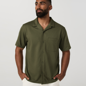 Short Sleeve Knit Oxford Camp Collar Button Down | Herb