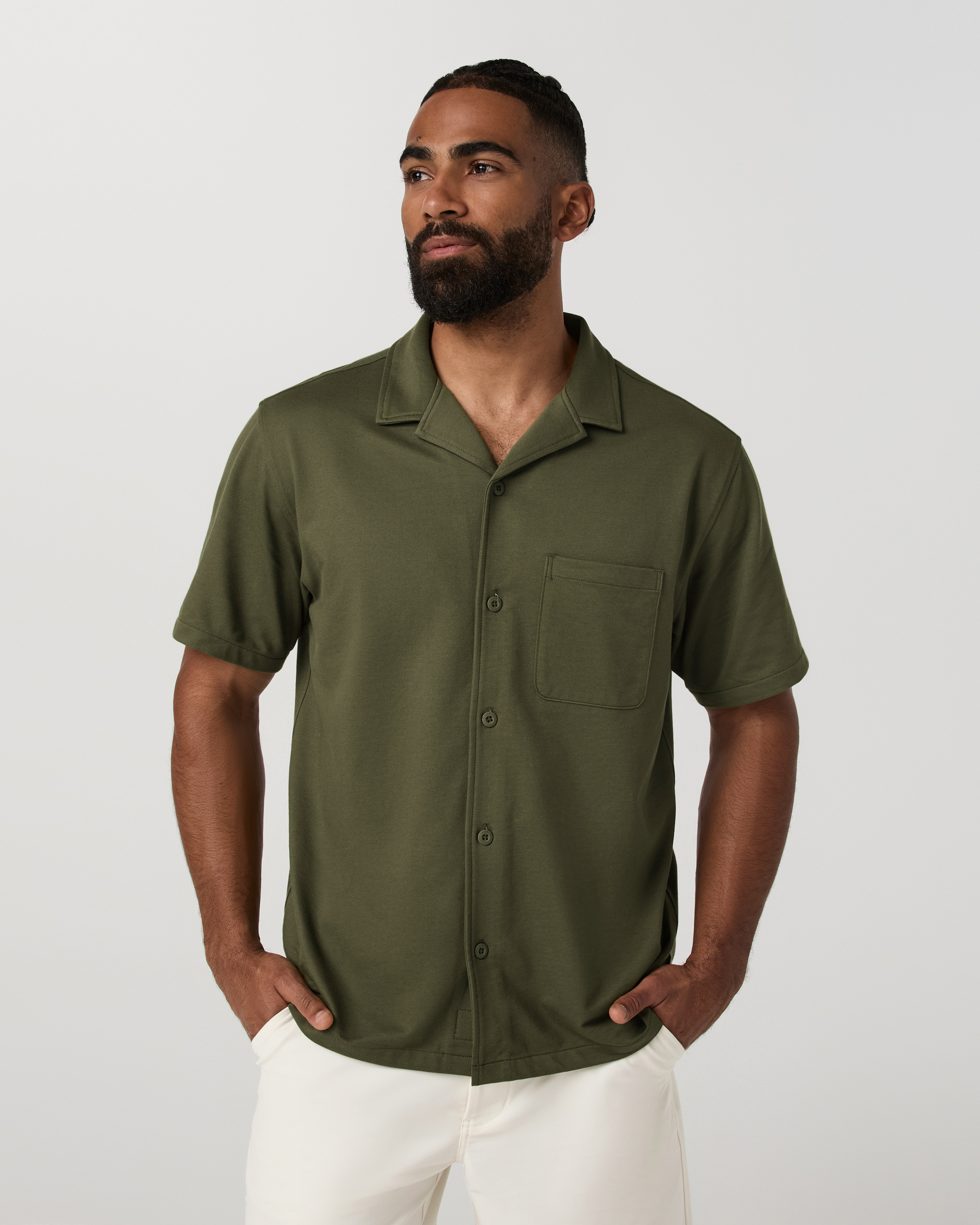 Short Sleeve Knit Oxford Camp Collar Button Down | Herb