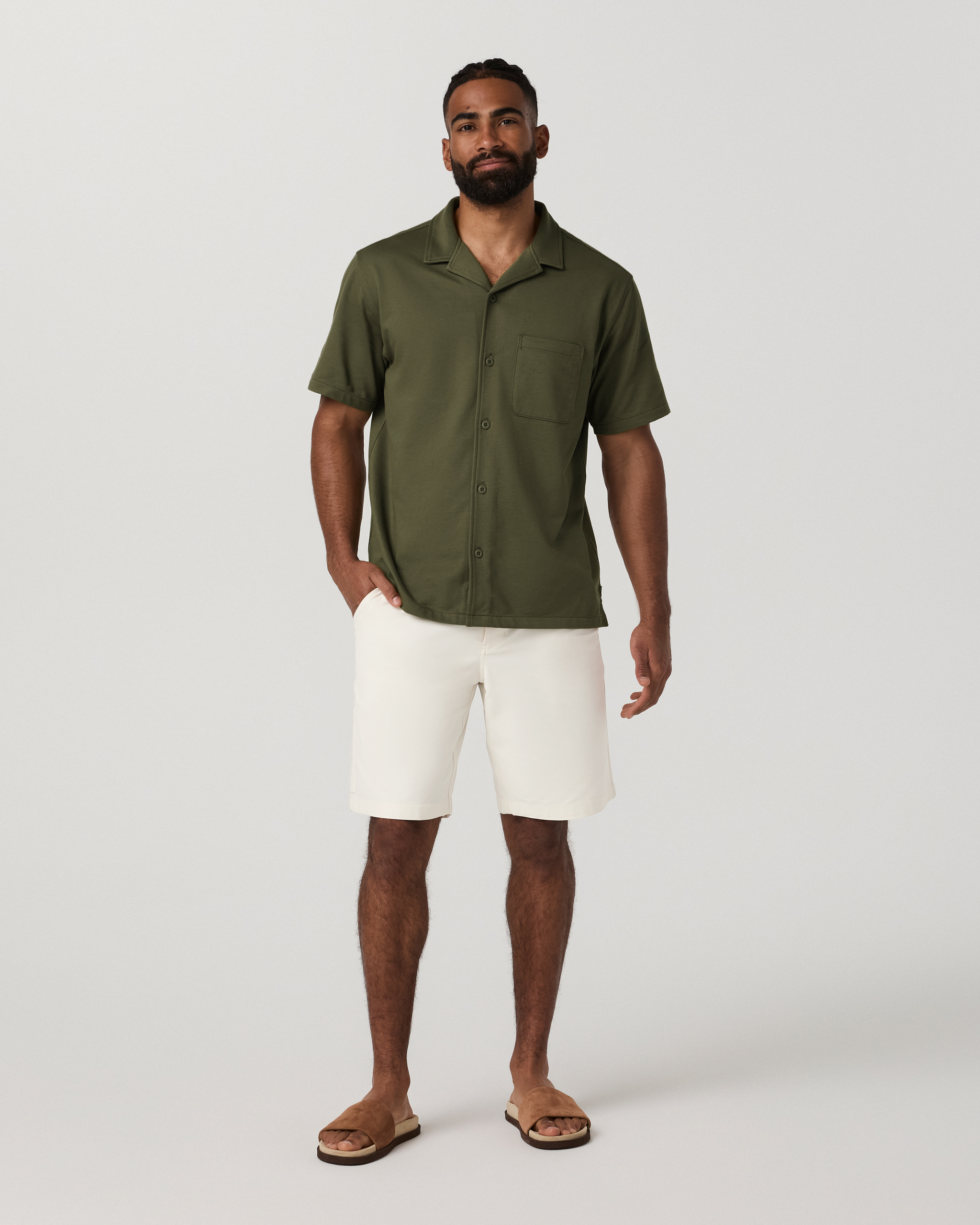 Short Sleeve Knit Oxford Camp Collar Button Down | Herb - Image 3