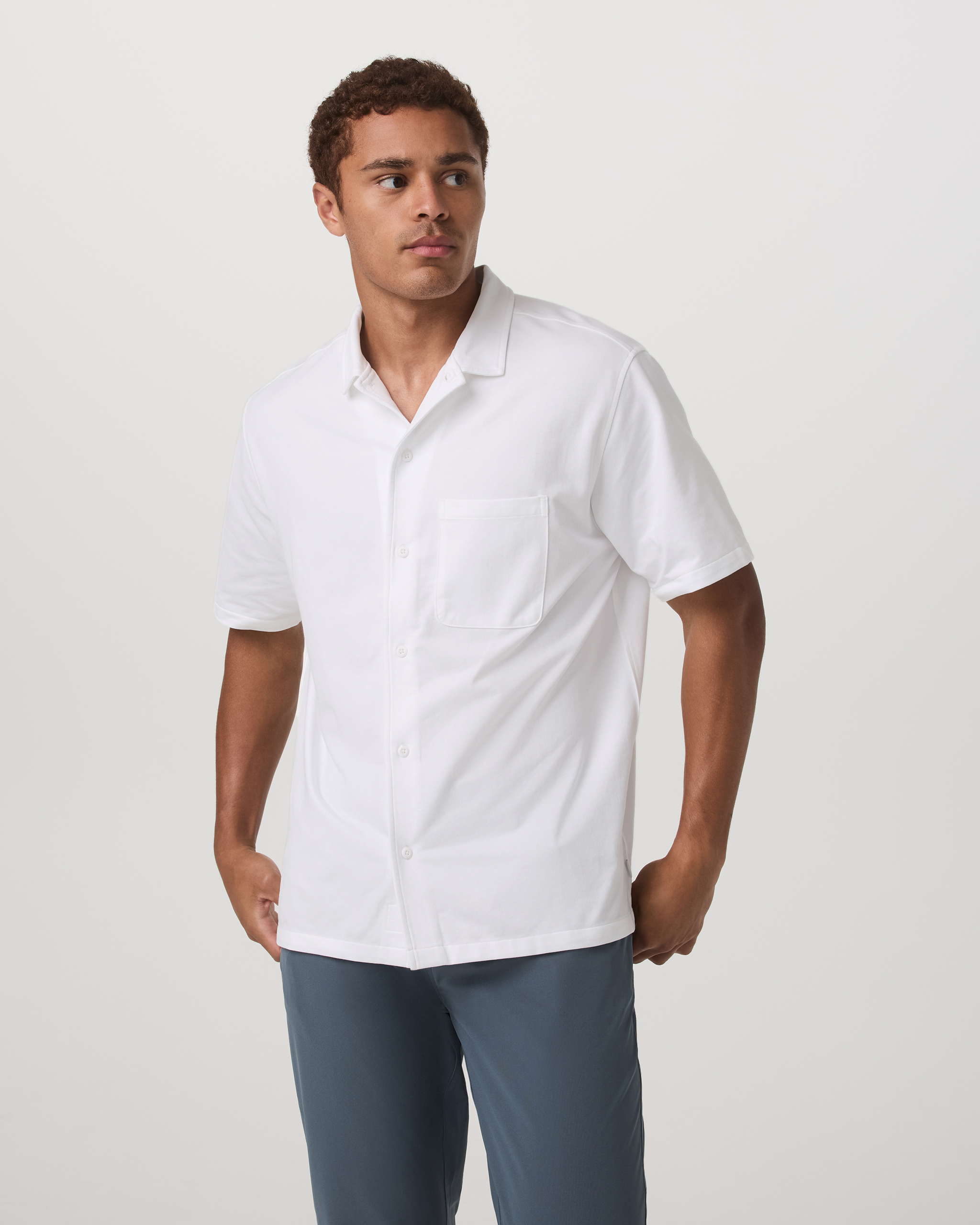 Short Sleeve Knit Oxford Camp Collar Button Down | White - Image 2