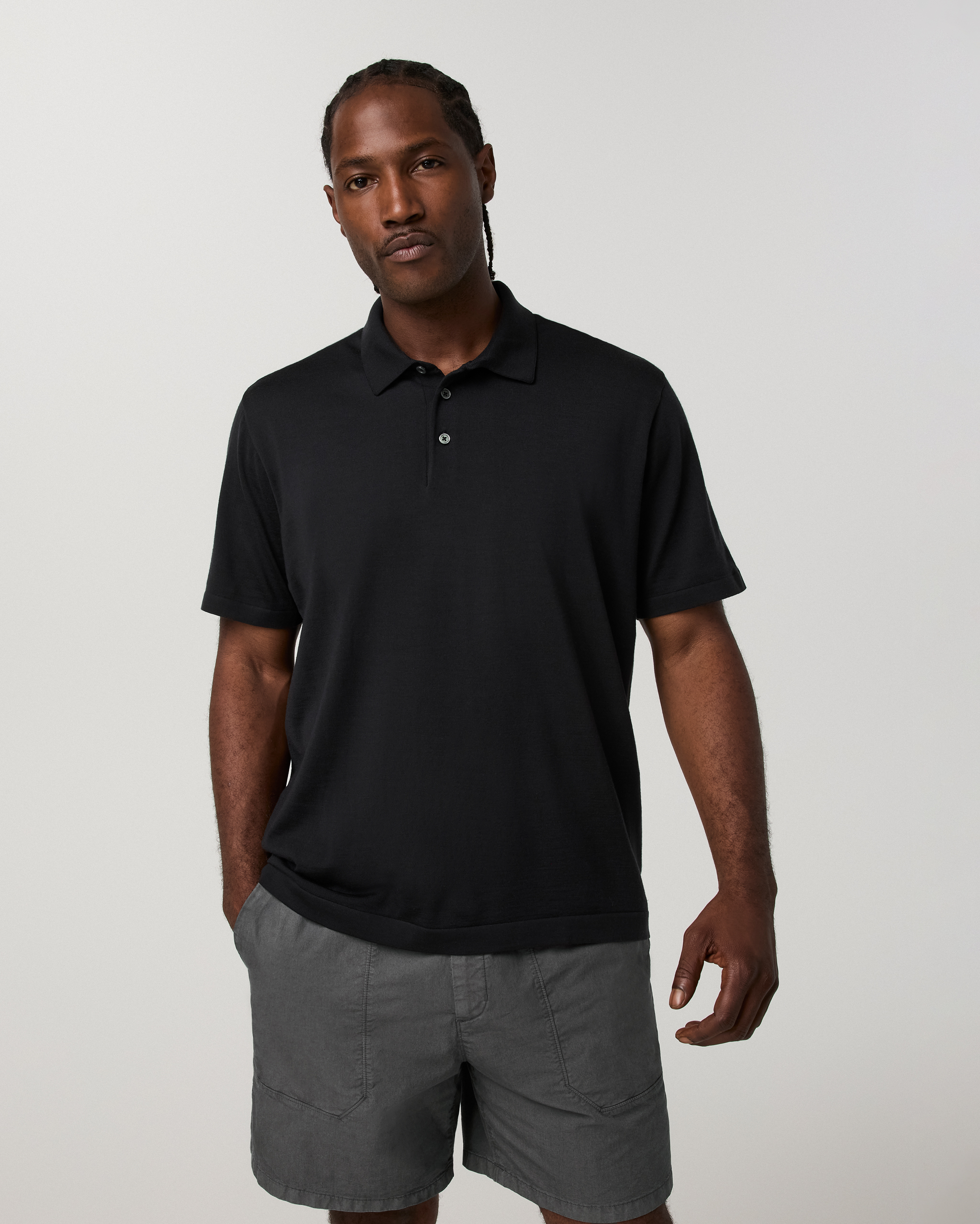 Short Sleeve Merino Wool Sweater Polo | Black