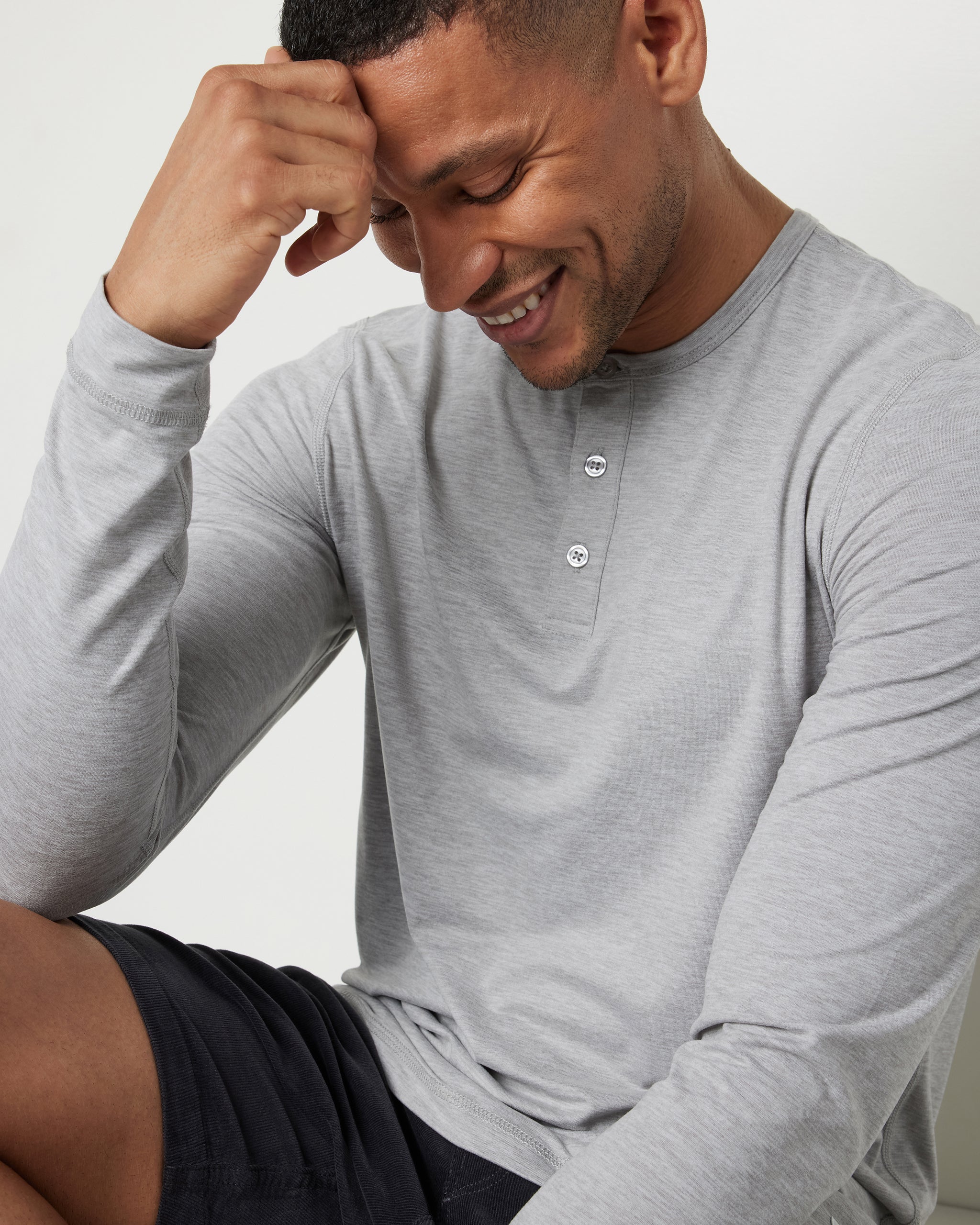 Long-Sleeve Ease Performance Henley | Light Heather Grey - Image 2