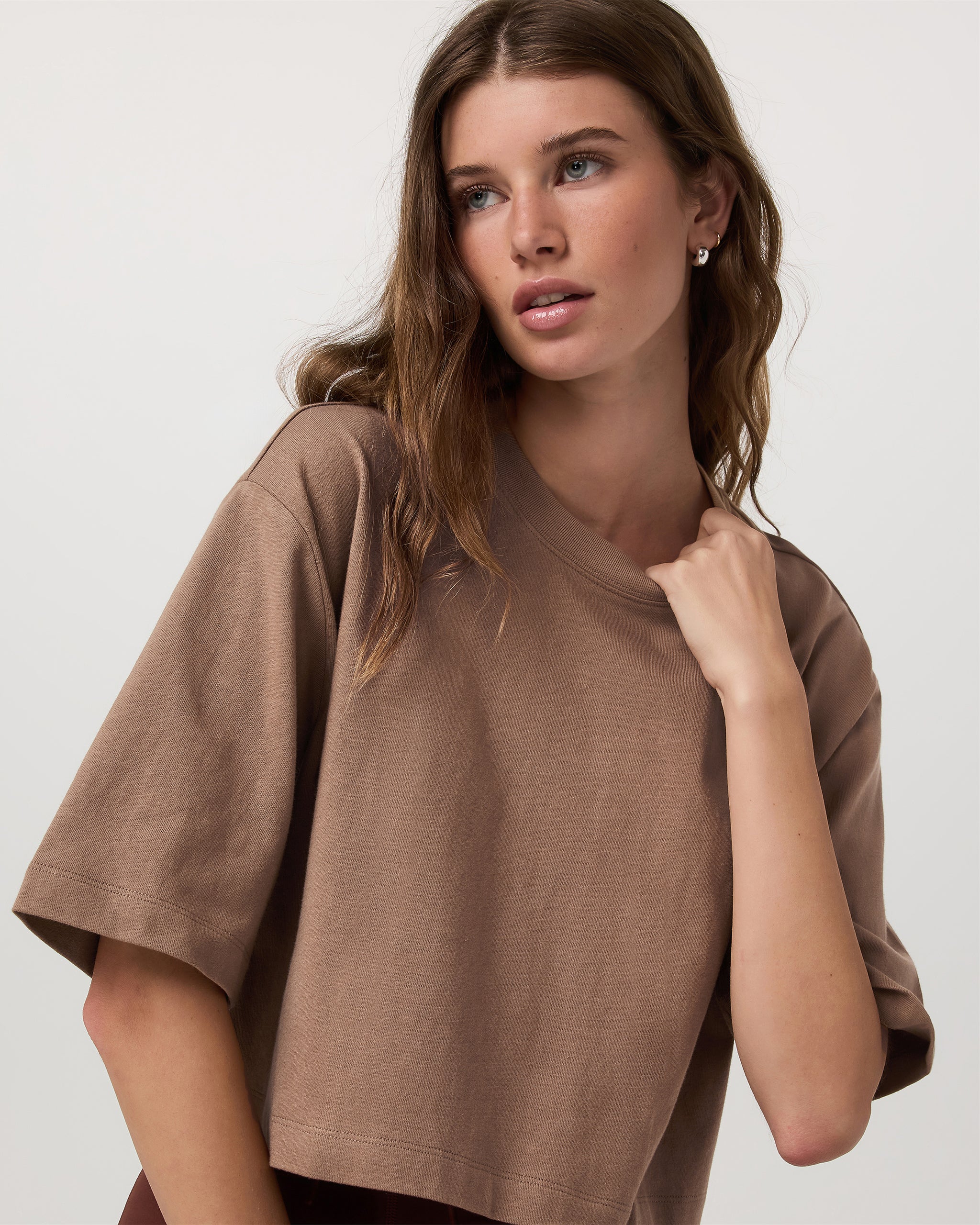 Short Sleeve Heavyweight Crop Cotton Tee | Nutmeg - Image 2