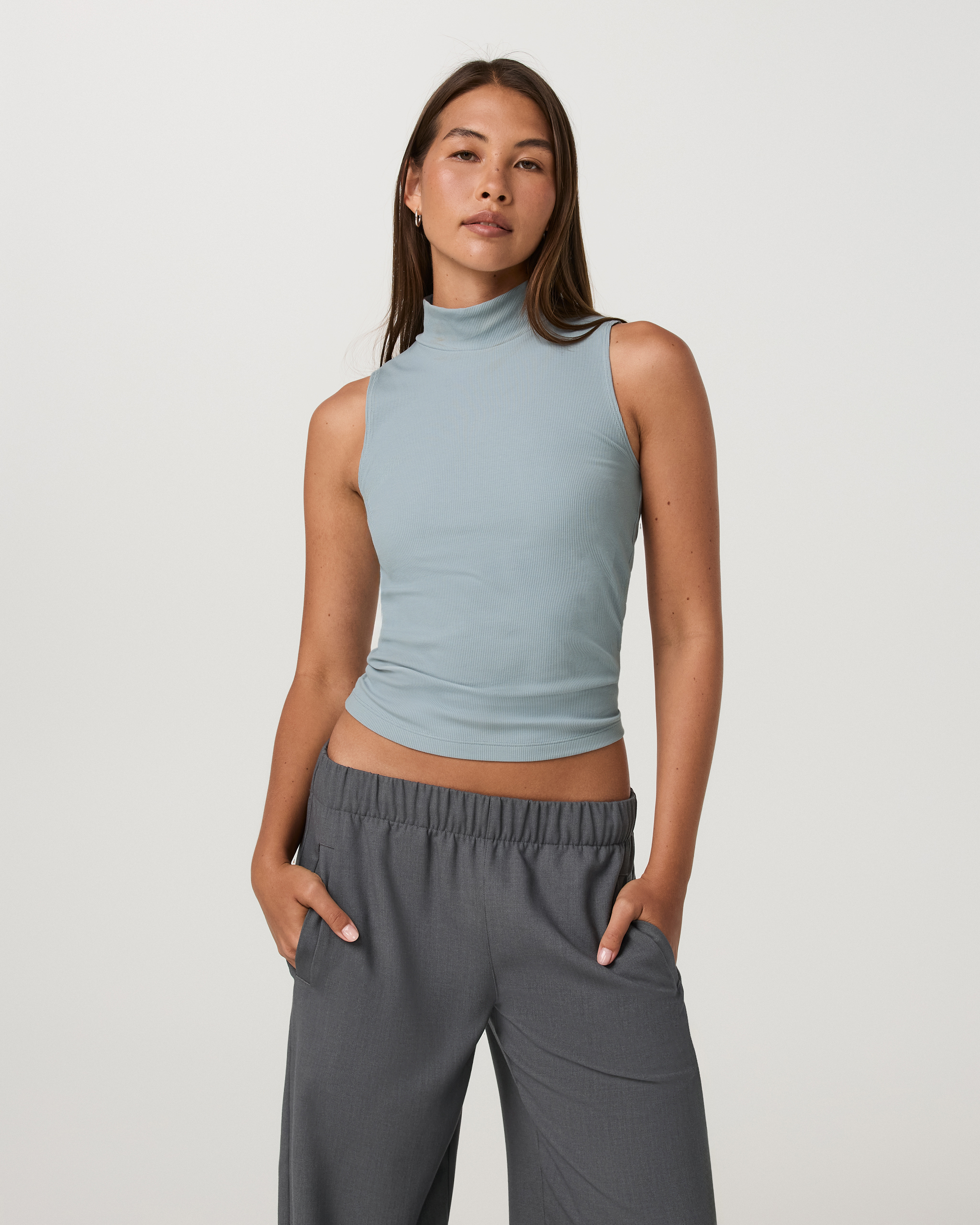 Cottony Rib Mock Neck Tank | Raindrop